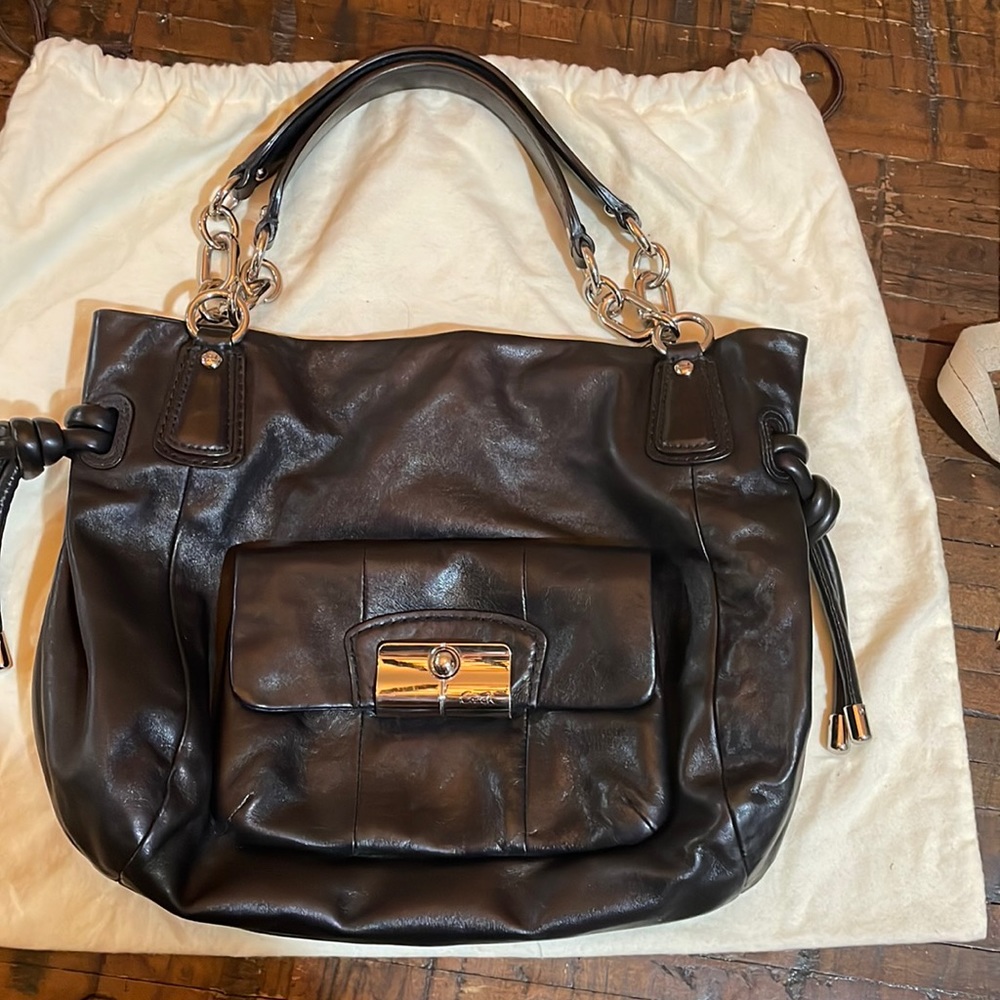 Coach Madison black leather shoulder bag, silver hardware, Tiffany blue lining
